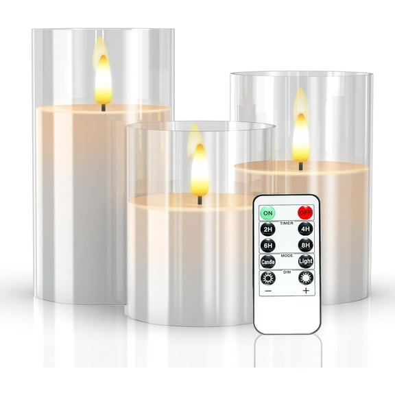 Glass LED Flameless Candles, Battery Candles, Pillar Candles Battery Operated with Remote Control and Timer, Electric Candles, Wax+White Glass, D3"H4"5"6", Set of 3 (White)
