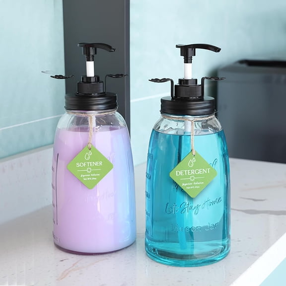 Glass Laundry Container -  Large acity Liquid Laundry Dispenser with Refillable & Reusable 2x50oz Mason Jars and Save Effort Pump Aid Handle, Black