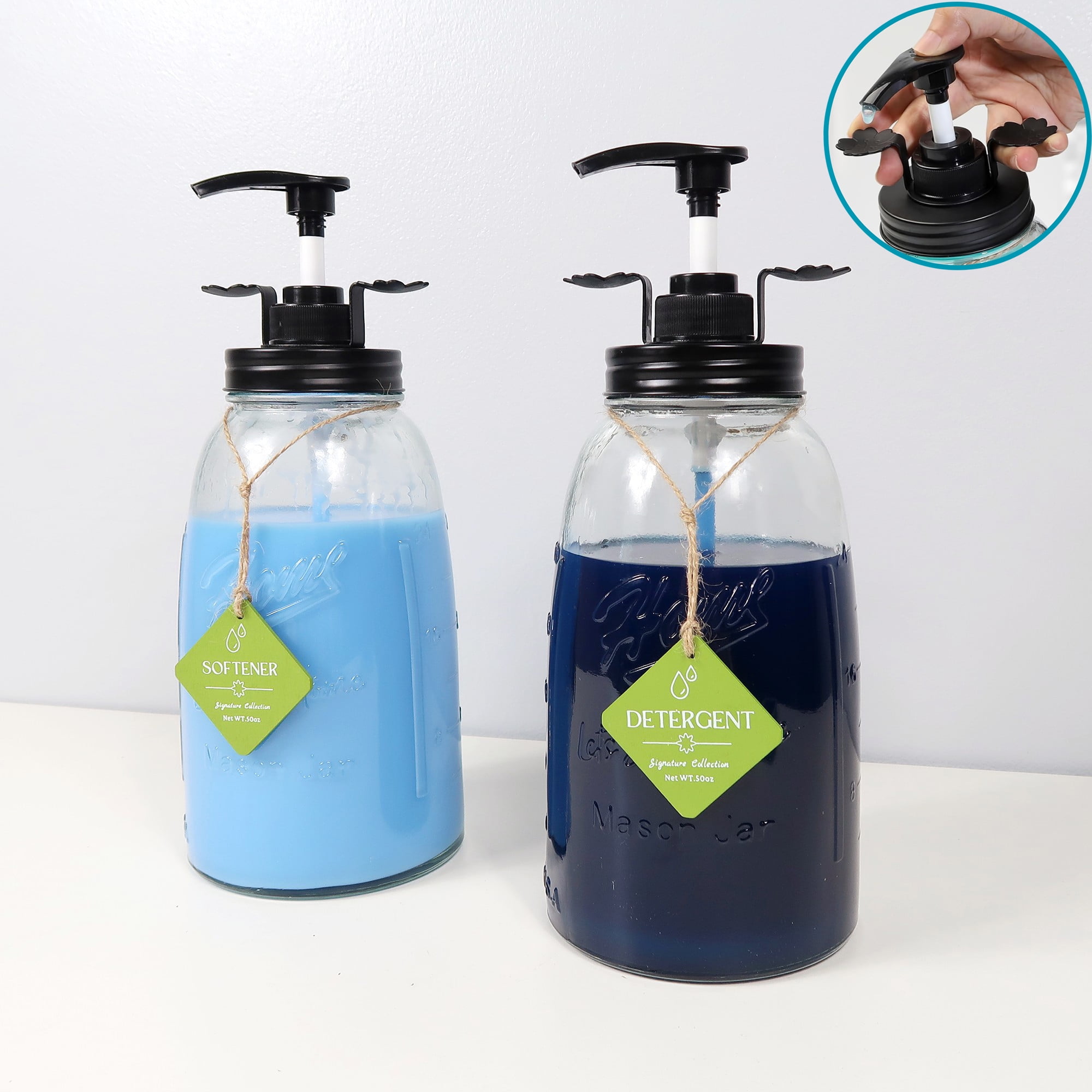 Glass Laundry Detergent Bottle Dispenser, Two 50oz Farmhouse Mason Jar Style with Pump, Black Lid