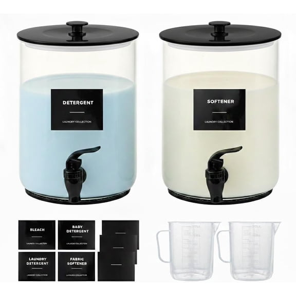 Glass Laundry Detergent Dispenser for Laundry Room Organization, 1 Gallon Large Liquid Soap Dispenser with Black Metal Lid & Leak-Proof Spigot, 2 Measured Cups, 2 Silicone Mats & 9 Labels (2, Black)