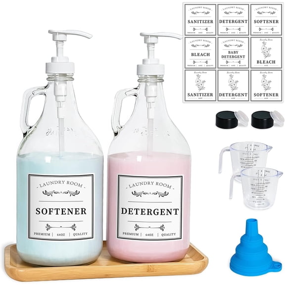 Glass Laundry Detergent Dispenser, Liquid Laundry Soap Dispenser for Laundry Room, 64oz Detergent Bleach Softener Dispenser for Farmhouse Decor, Includes Pumps, Funnel, Labels and Bamboo Tray