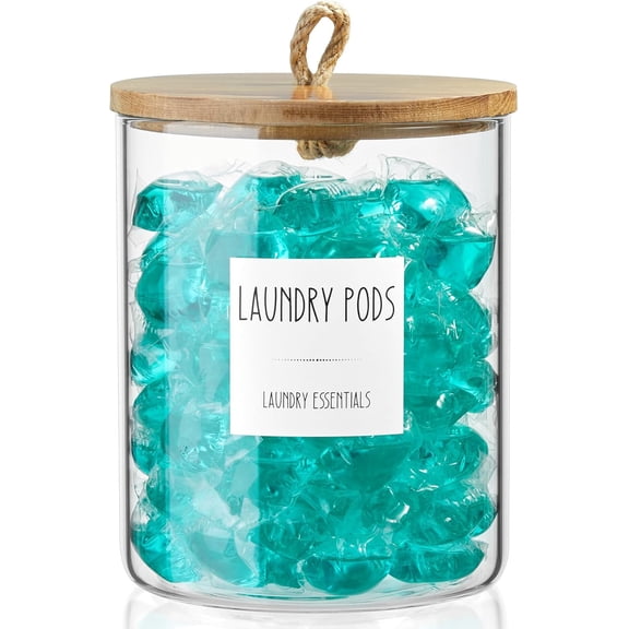 Glass Laundry Pods Container, Half G on 2 Liter Laundry Jars with Wood Lids for Laundry Room Organization and Storage, Powder Detergent Holder for Laundry Room Decor and Accessories