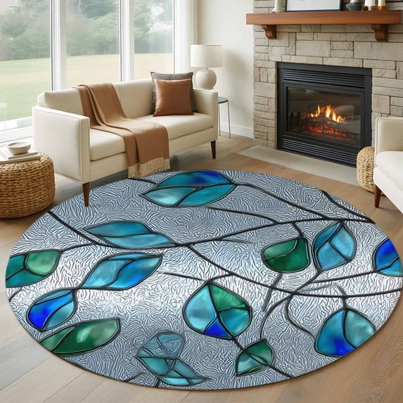 Glass Leaves Round Living Room Rugs 5 ft, Abstract Blue Green Ombre Leaf Glass Splicing Washable Area Rug with Non-Slip Sturdy Edge Binding Round Carpet for Entryway Kitchen Bedroom Bathroom