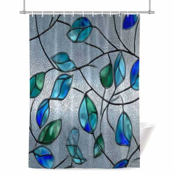 Glass Leaves Shower Curtain, Abstract Blue Green Ombre Leaf Glass Splicing Waterproof Shower Curtain Set with 12 Hooks Lightweight Bath Curtains Fabric Bathroom Decor 72x78 Inches