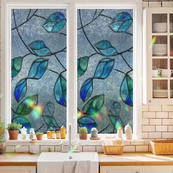 Glass Leaves Window Privacy Film Abstract Blue Green Ombre Leaf Glass Splicing Static Cling Stained Glass Window Film Non-Adhesive Decorative Decals Rainbow Sticker 17.7"X39.3"