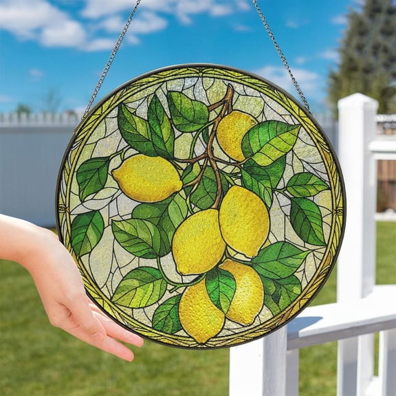 Glass Lemon Branch Suncatcher, Yellow Corner Branch Of Lemons Windows Hanging Decor, Lemons On The Branch Light Catcher Id-0313-Uxgy, Suncatcher Window Hanging, 3.5 in