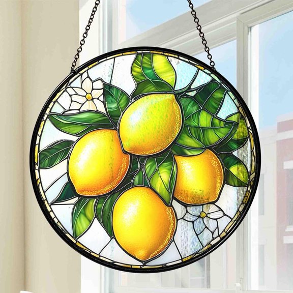Glass Lemon Branch Suncatcher, Yellow Corner Branch Of Lemons Windows Hanging Decor, Lemons On The Branch Light Catcher Td-0313-Dplf, Suncatcher Window Hanging, 3.5 in