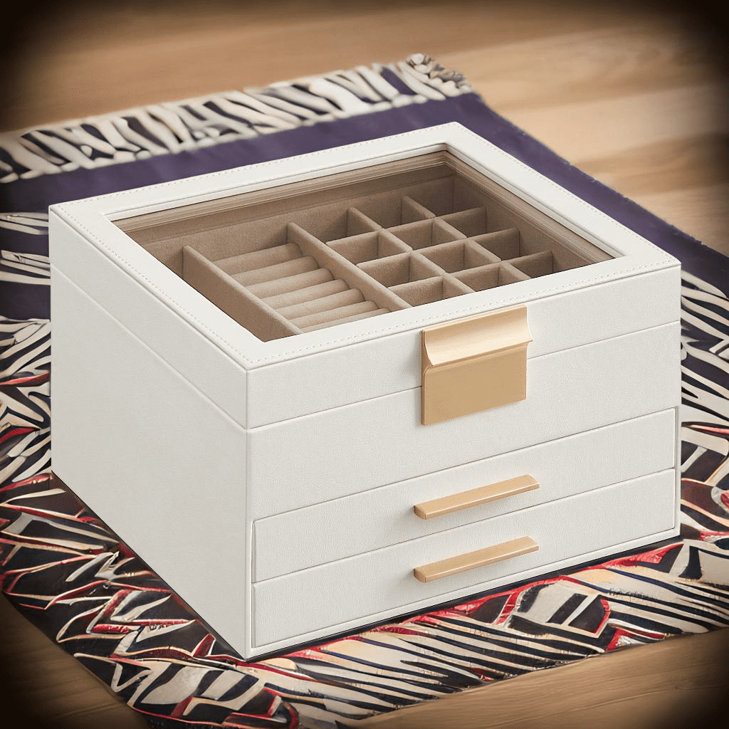 White and Gold 3-Layer Jewelry Box with Glass Lid