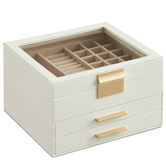 3-Layer Jewelry Organizer with Glass Lid, 2 Drawers, Cloud White & Gold, 8 x 9.1 x 5.3 Inches,Jewelry Storage