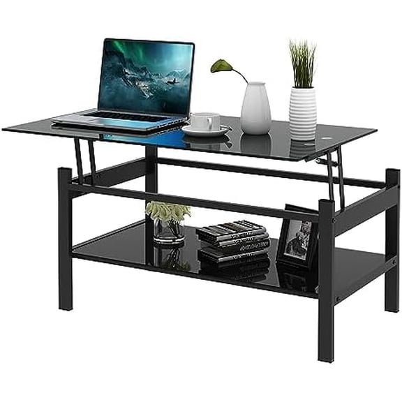 Glass Lift Top Coffee Table, Black Lift up Coffee Table with Open Shelf, Rectangle Tempered Glass and Metal Frame, Modern Pop up Coffee Table for Living Room, Office, Bedroom, Reception Room