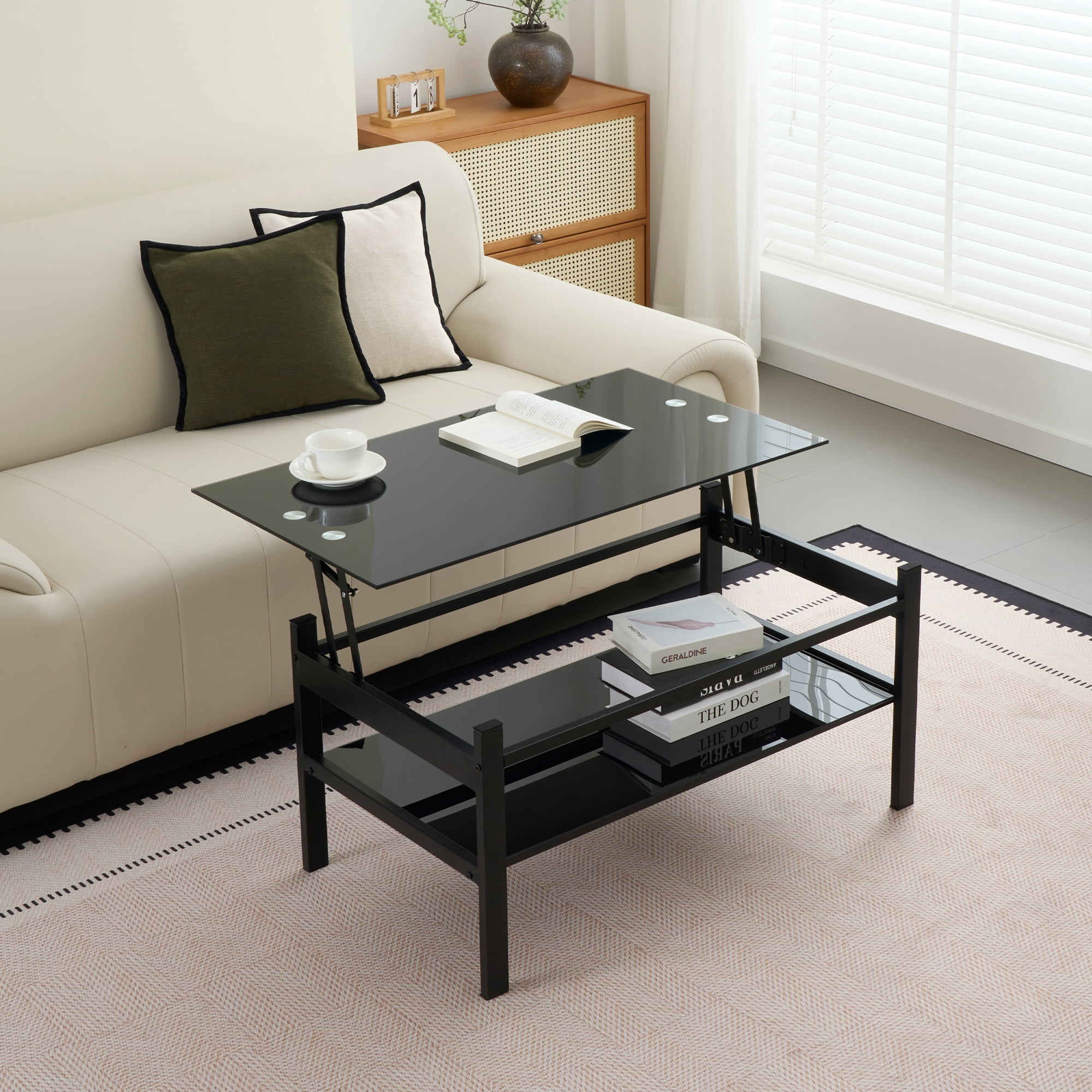 Glass Lift Top Coffee Table, Modern 2-Tier Tempered Glass Coffee Table with Storage Shelf, Metal Frame Lift Tabletop Center Table for Living Room Office, Black