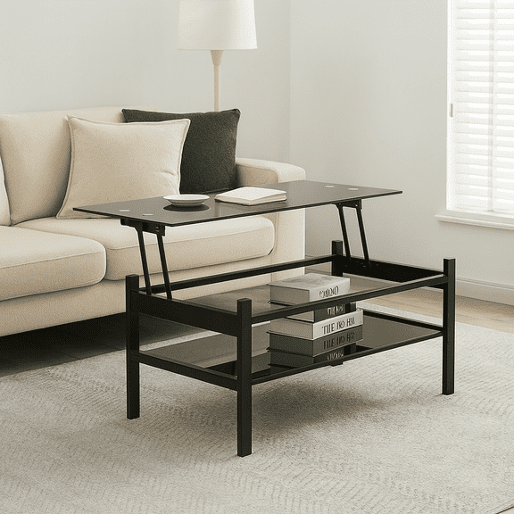 Glass Lift Top Coffee Table, Modern Simple 2-Layer Tempered Glass Coffee Table for Living Room, Black