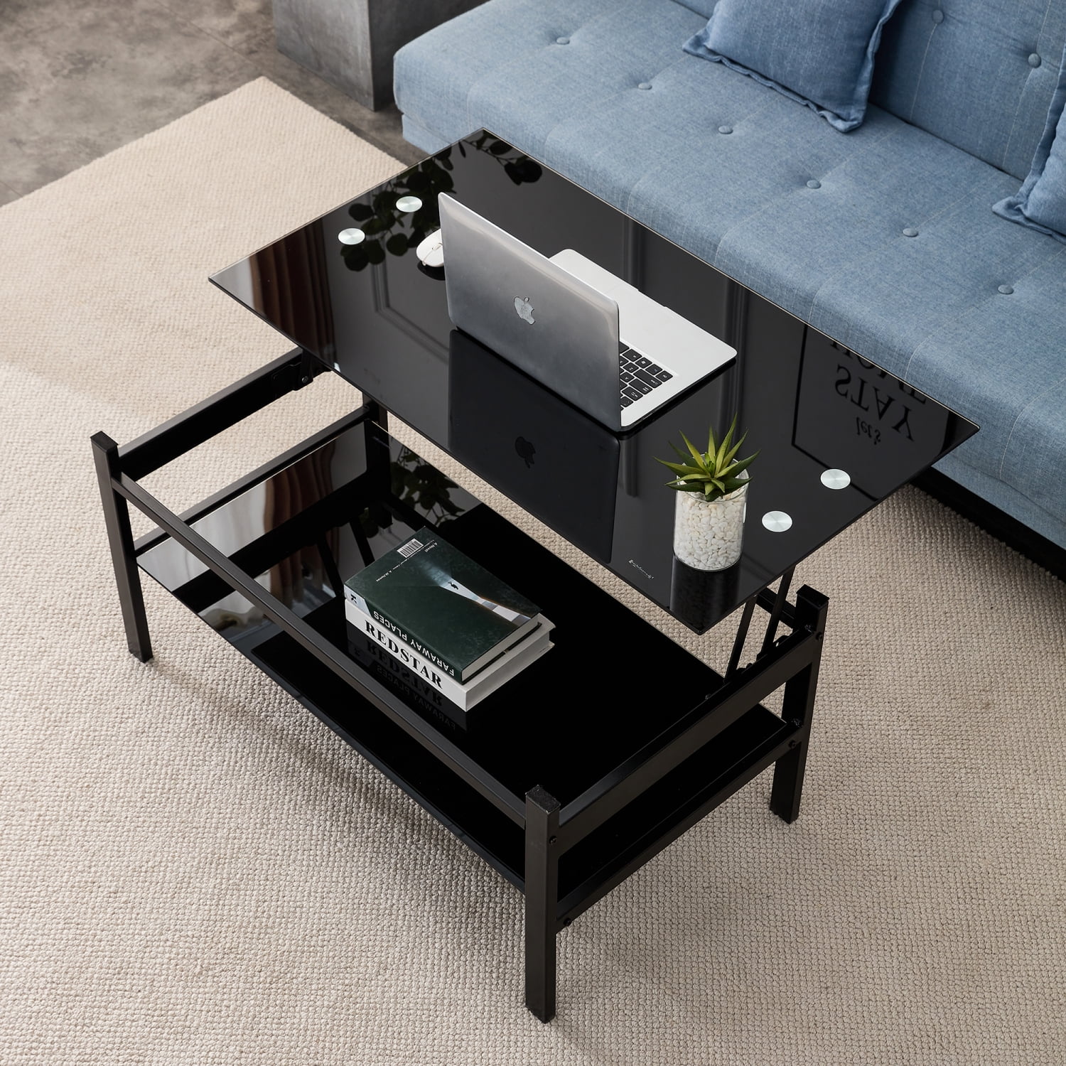 Glass Lift Top Coffee Table, Modern Simple 2-Layer Tempered Glass