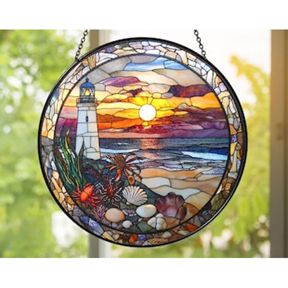 Glass Lighthouse Suncatcher: Beach Sunset, Crab & Seashell Decor, 3.5 in