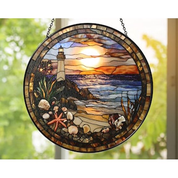 Glass Lighthouse Suncatcher: Coastal Sunset, Seashell Beach Decor, 6.3 in