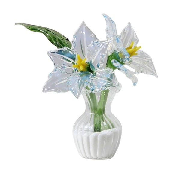 Glass Lily Flower Bouquet Set, Cosmug Handmade Glass Craft Ornament, Decorative Artificial Flower, for Desk Decor, Office Use and Home Display, Transparent Blue