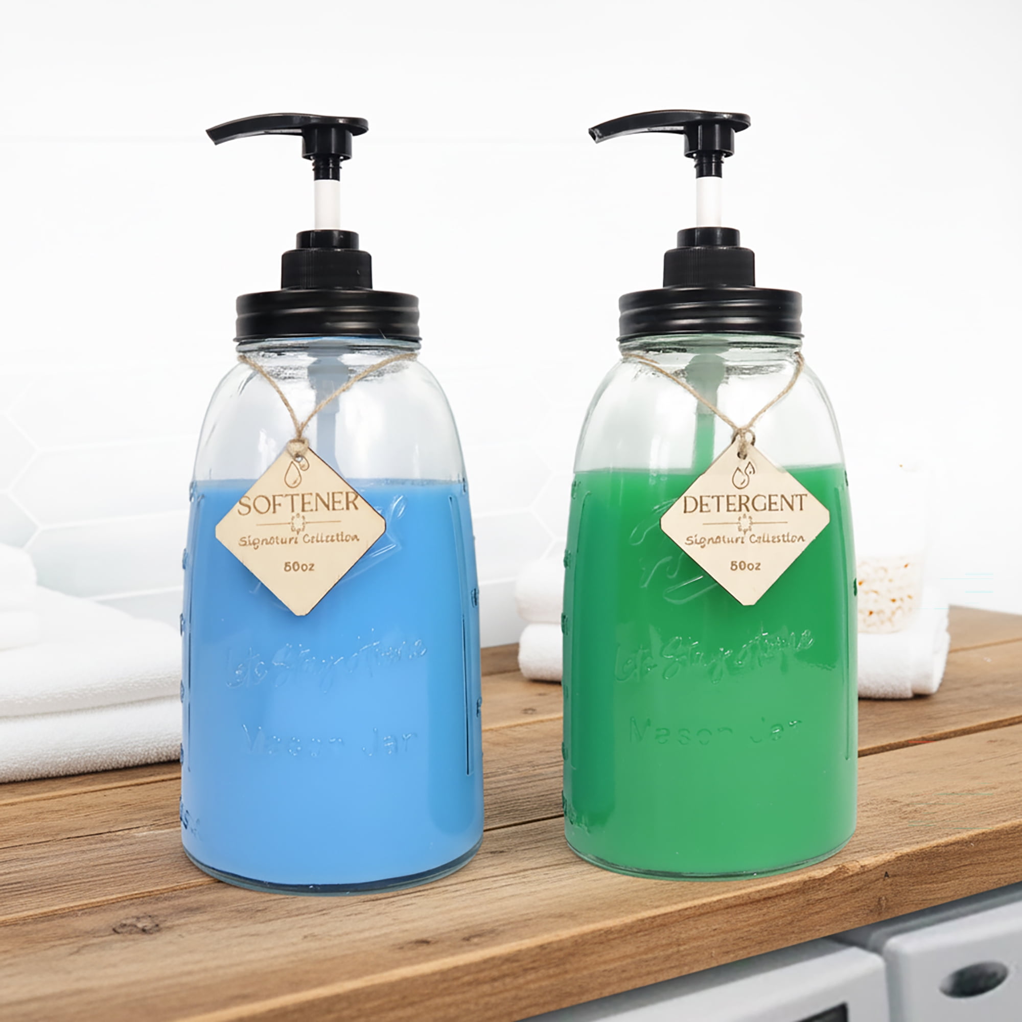 Glass Liquid Laundry Detergent Dispenser, 2x50oz Farmhouse Mason Jar Style Refillable & Reusable Laundry Bath Dish Soap Storage Containers