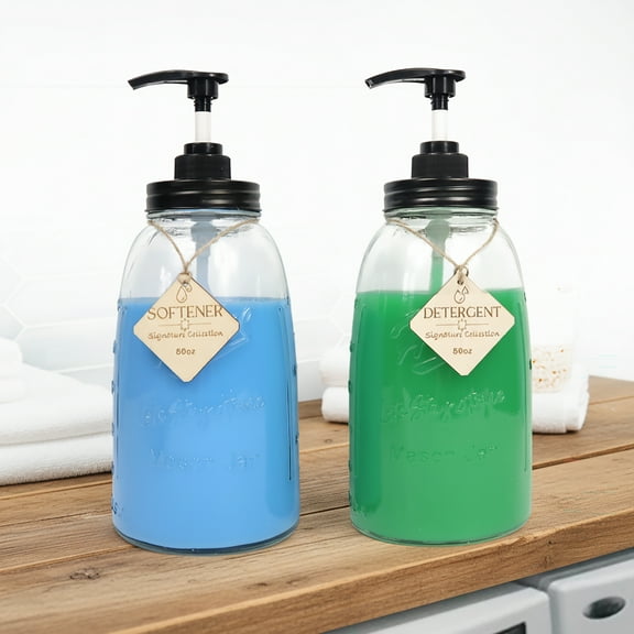 Glass Liquid Laundry Detergent Dispenser, 2x50oz Farmhouse Mason Jar Style Refillable & Reusable Laundry Bath Dish Soap Storage Containers