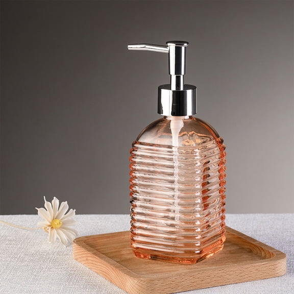 Glass Liquid Soap Dispenser Bottle 350ml Horizontal Stripe Press Pump - Refillable Shampoo Shower Gel Container for Bathroom Kitchen Counter - Clear Glass 7.48 Inch