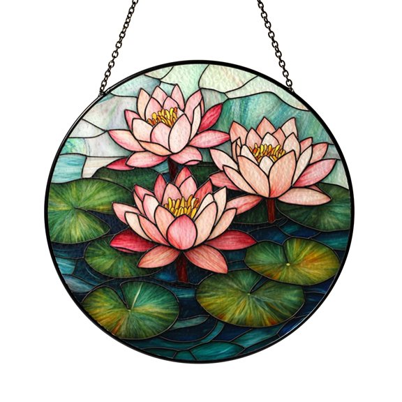 Glass Lotus Field Suncatcher Window Hanging, Peaceful Botanical Window Art