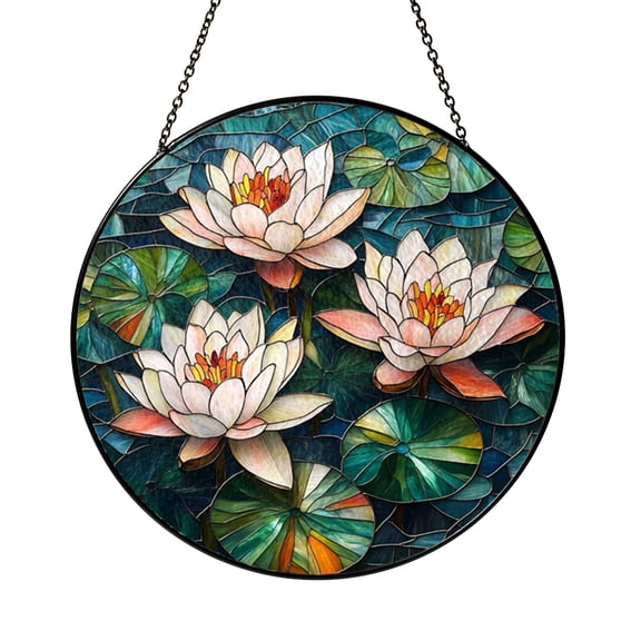 Glass Lotus Field Window Suncatcher, Floral Landscape Hanging Decor for Bright Windows