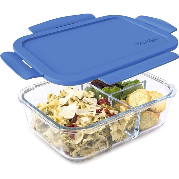 Glass Lunch Box - Leak-Proof Bento-Style Food Container with Airtight Lid and Divided 3-Compartment Design - 5 Cup Capacity for Meal Prepping, and Portion-Controlled Meals for Adults (Blue)