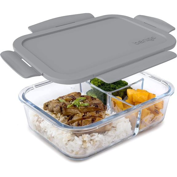 Glass Lunch Box - Leak-Proof Bento-Style Food Container with Airtight Lid and Divided 3-Compartment Design - 5 Cup Capacity for Meal Prepping, and Portion-Controlled Meals for Adults (Gray)