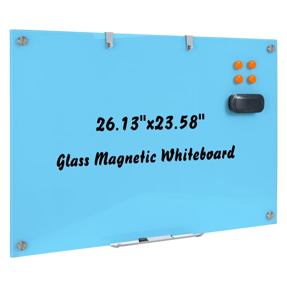 Glass Magnetic Whiteboard, 26.13" x 23.58" Dry Erase Board, Wall Mounted White Board, Frameless Board for Office, Home, School, Blue