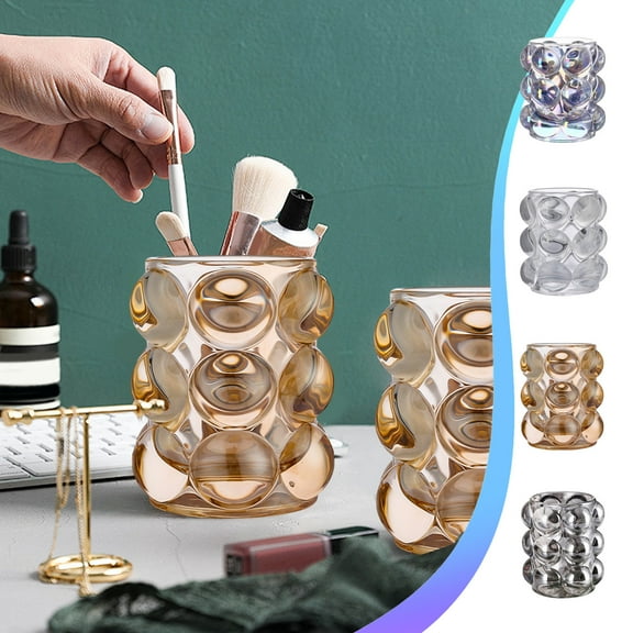 Glass Makeup Brush Holder | Pencil & Eyebrow Organizer for Girls | Cute Glass Storage Jar | Desktop Decorative Cup | Transparent White Lattice Design | Coffee Gray Clear Multi-Color | 9.5x5.5cm