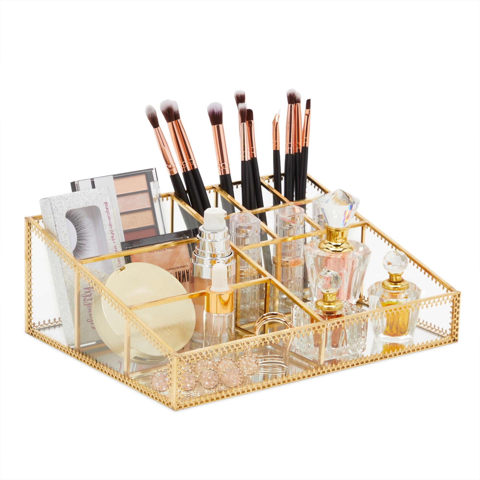Glamlily Glass Makeup Organizer with Gold Trim for Vanity, Cosmetic Storage (10.2 x 7.5 x 3.5 in)