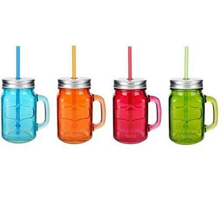 15 Oz. Mason Jar Mugs with Handle, Tin Lid and Plastic Straws, Old Fashion  Drinking Glasses, Set of 4 Colors