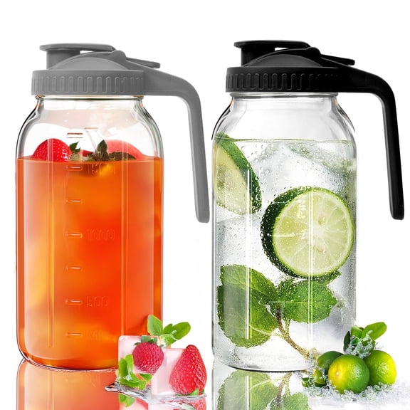 Glass Mason Jar Pitcher - 64 oz/2 Quart Wide Mouth Jug with Lid and Pour Spout, Airtight Seal, Leak Proof Iced Tea Pitcher for Sun Tea, Juice, Breast Milk, Cold Beverages, Coffe