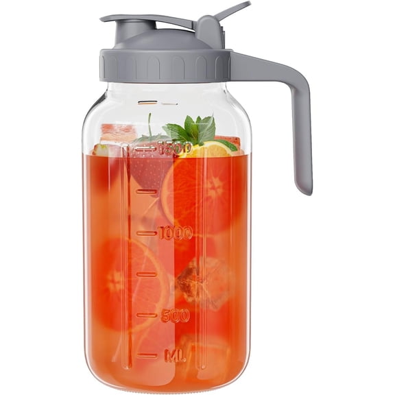 Glass Mason Jar Pitcher, 64 oz Wide Mouth Jug with Pour Spout Handle Lid for Cold Brew Coffee, Ice Beverage, Iced Juice, Lemonade, Sun Tea, Fruit Drinks Container(Gray)