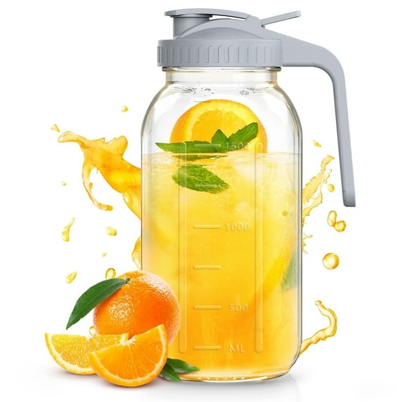Glass Mason Jar Pitcher with Handle and Flip Cap 64 oz (2 Quart) Wide Mouth Water Pitcher with Pour Spout Lids Airtight Leak Proof, Juice, Milk, Tea, Iced Coffee, and Drinks, 1 Pack, Gray