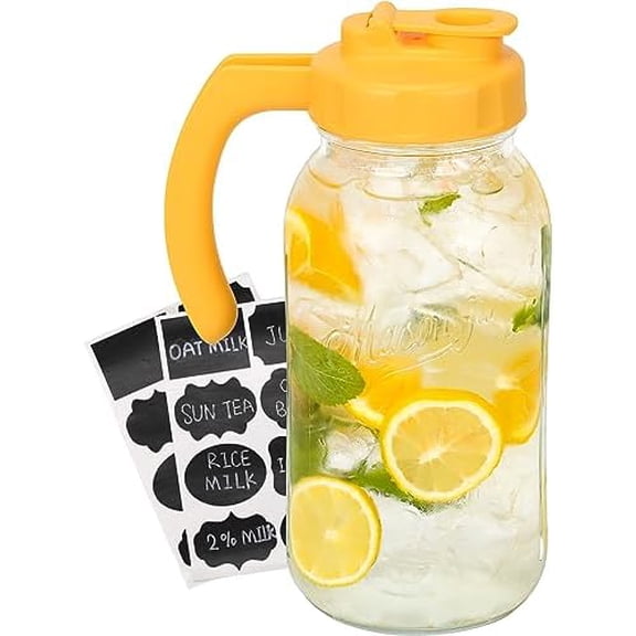 Glass Mason Jar Pitcher with Lid, Wide Mouth Flip Cap Pour Spout Leak-proof Lid with Handle, 64 oz (2 Quart /1.9 Liter), for Sun Tea/Iced Tea/Juice/Cold Brew Coffee/Milk (1 Pack, Vivid Yellow)
