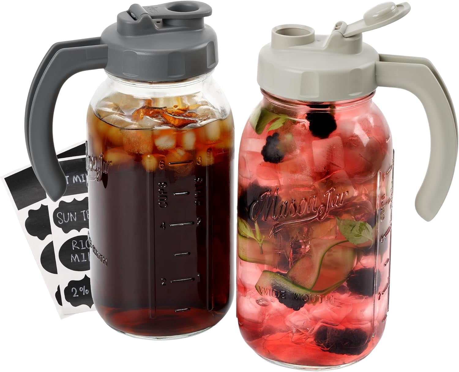 Glass Mason Jar Pitcher with Lid, Wide Mouth Flip Cap Pour Spout Leak ...