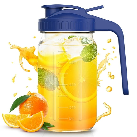 GPED Glass Mason Jar Pitcher with Pour Spout Lid, 32 oz(1 Quart) Leak-proof Wide Mouth Jugs with Handle and Flip Cap for Cold Brew Coffee, Breast Milk Storage, Water, Blue(1 Pack)