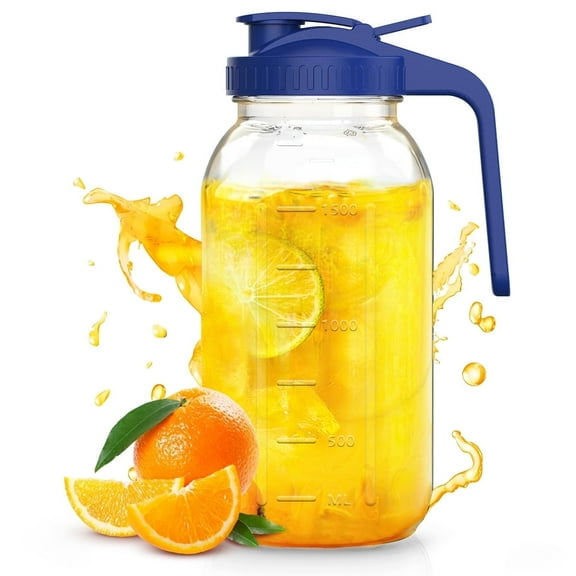 GPED Glass Mason Jar Pitcher with Pour Spout Lid, 64 oz(2 Quart) Leak-proof Wide Mouth Jugs with Handle and Flip Cap for Cold Brew Coffee, Breast Milk Storage, Water, Blue(1 Pack)