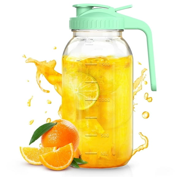 GPED Glass Mason Jar Pitcher with Pour Spout Lid, 64 oz(2 Quart) Leak-proof Wide Mouth Jugs with Handle and Flip Cap for Cold Brew Coffee, Breast Milk Storage, Water, Green(1 Pack)