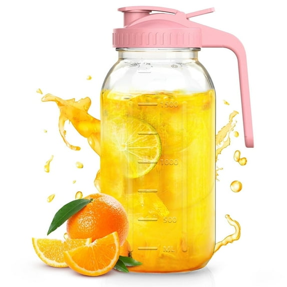 GPED Glass Mason Jar Pitcher with Pour Spout Lid, 64 oz(2 Quart) Leak-proof Wide Mouth Jugs with Handle and Flip Cap for Cold Brew Coffee, Breast Milk Storage, Water, Pink