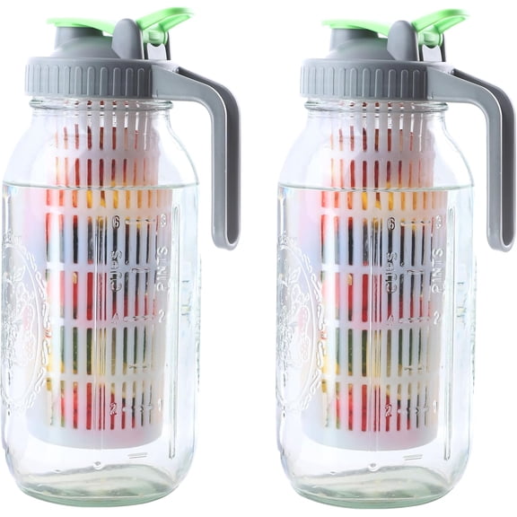 Glass Mason Jar Water Fruit Infuser Pitcher With Lid 64 Oz Wide Mouth Tea Infused Pitchers 2 Quart Sun For Outside Half Gallon Iced Coffee Lemonade Juice Homemade Drinks Container- Set