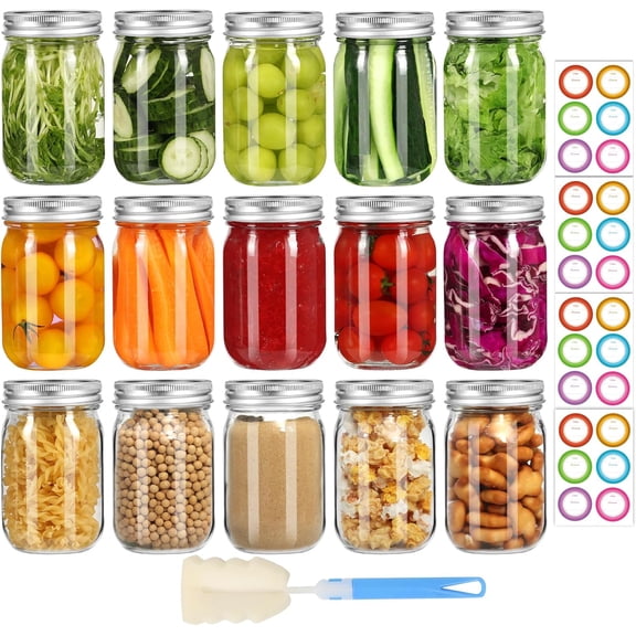 Glass Mason Jars 16 oz with Airtight Lids and Bands - 15 Pack Regular Mouth Pint Canning Jars for Pickling, Meal Prep, Overnight Oats, Dry Food & DIY Crafts - Includes 24 Stickers & Brush