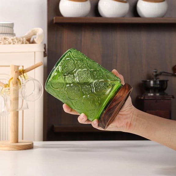 Glass Mason Jars with Airtight Lids Decorative Vintage Food Storage Container with Embossed Crabapple Blossom Clear Green Kitchen Canister for Coffee Tea Cookie