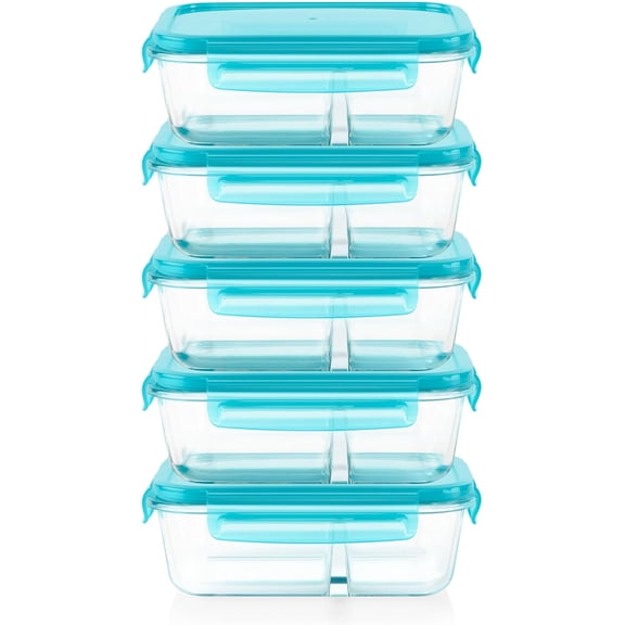 Glass Meal Box (5-Pack, 4 Cup) Divided Compartments, Locking Lids