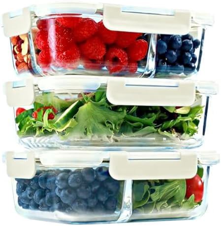 Glass Meal Prep Containers, 1 & 2 & 3 Compartments – Adult Bento Box, Beige Food Storage Containers with Lids, Leak-Proof, Oven & Freezer Safe, 35 oz, 3 Pack Lunch Box