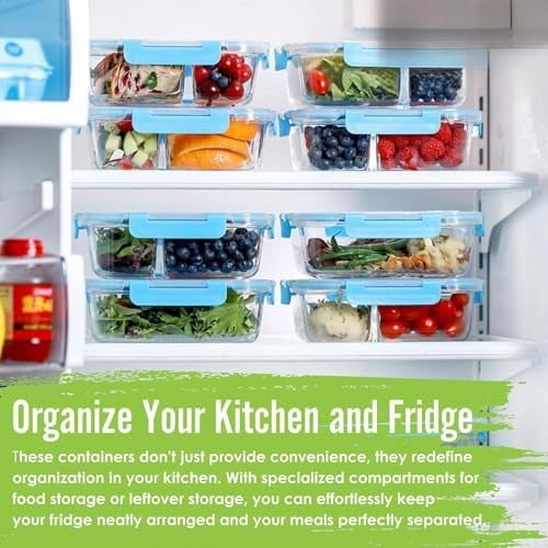 Glass Meal Prep Containers, 2 & 3 Compartments - Portion Control, Lunch Container Set, Food Storage, Airtight Lids, Oven & Freezer Safe, Leak-Proof Bento Box, 32 oz, Blue, 4 Pack
