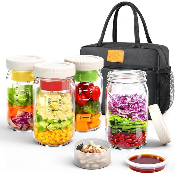 Glass Meal Prep Containers, 32 oz Salad Jars with Dressing Cups, 4-Pack ...