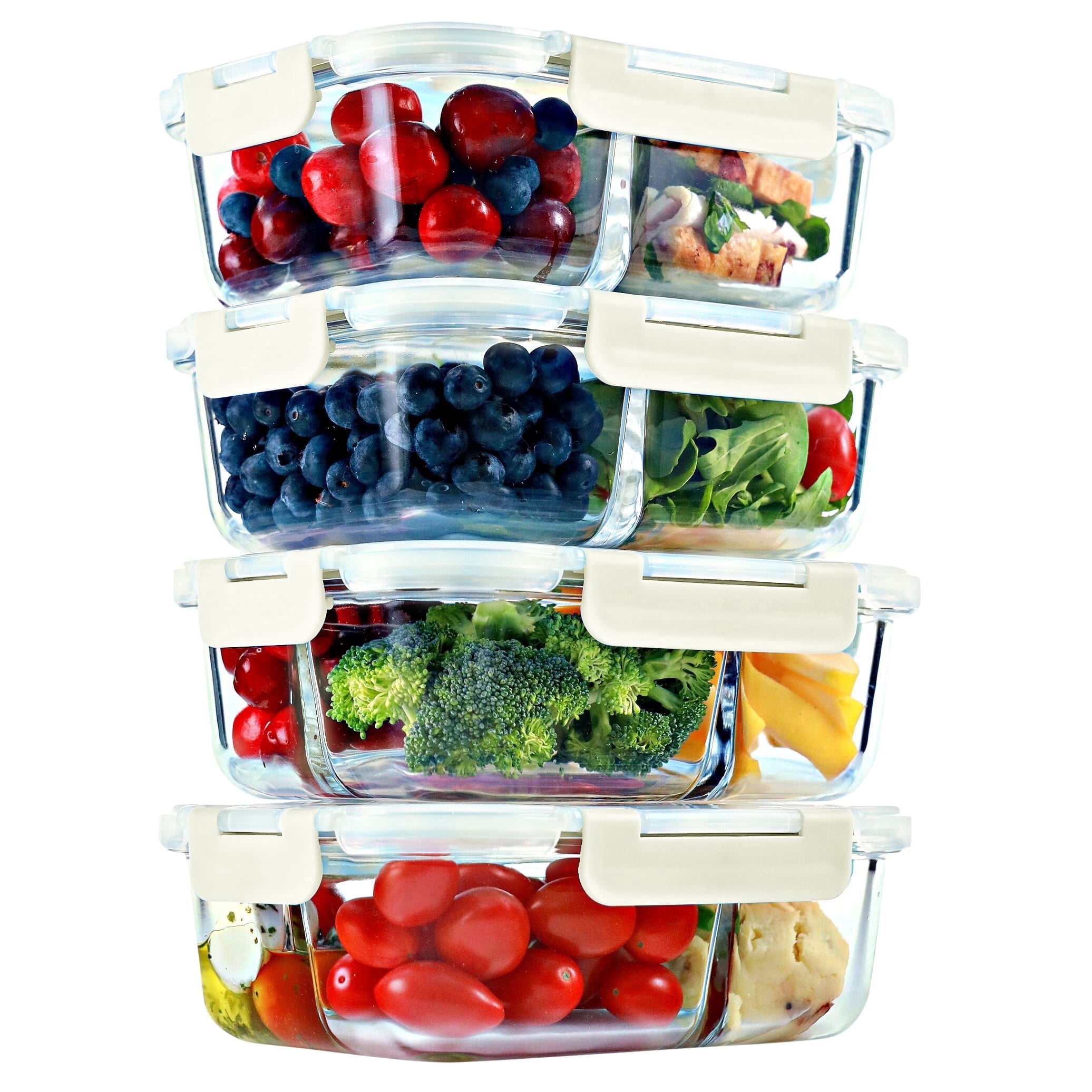 Glass Meal Prep Containers [4 Pack, 32 oz] - 2 & 3 Compartment Food Storage Containers with BEIGE Lids, BPA Free Food Prep Containers, Bento Box, Lunch Box, Portion Control, Airtight