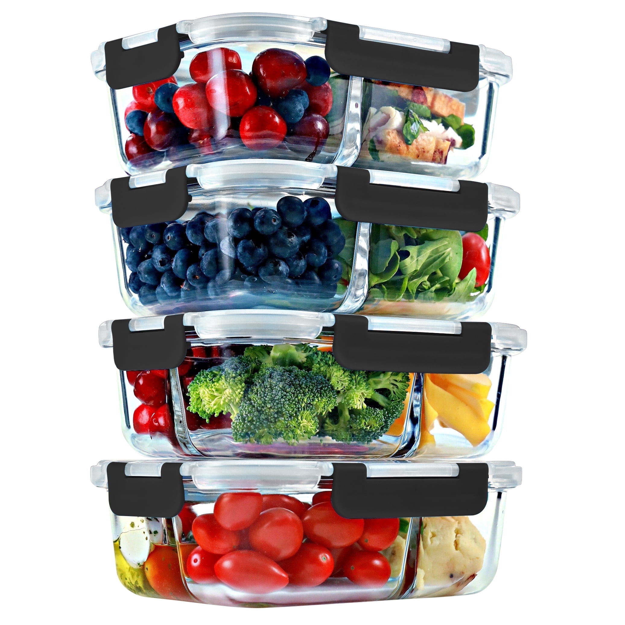 Glass Meal Prep Containers [4 Pack, 32 oz] - 2 & 3 Compartment Food Storage Containers with BLACK Lids, BPA Free Food Prep Containers, Bento Box, Lunch Box, Portion Control, Airtight