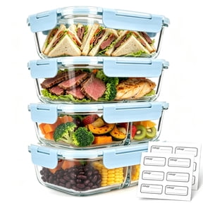 OVINESY 4 Pack 22oz Glass Meal Prep Containers with Lids, Food Storage Boxes, Leakproof Glass Storage Set for Lunch, Freezer Meals, Snacks and Everyday Kitchen Organization, Blue